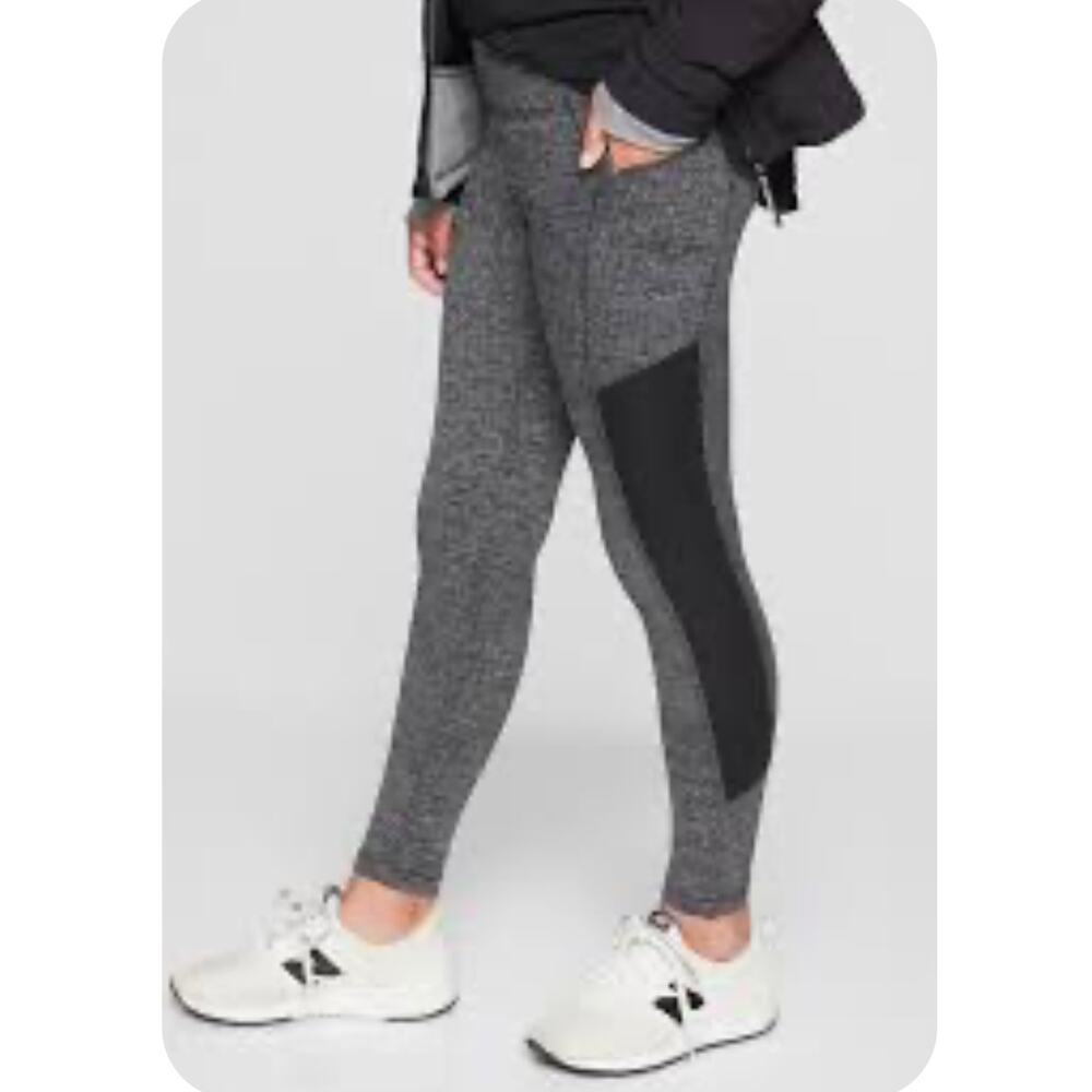 Athleta Girls Herringbone Zipper Pockets Leggings Athletic Gray Black Size XL/14